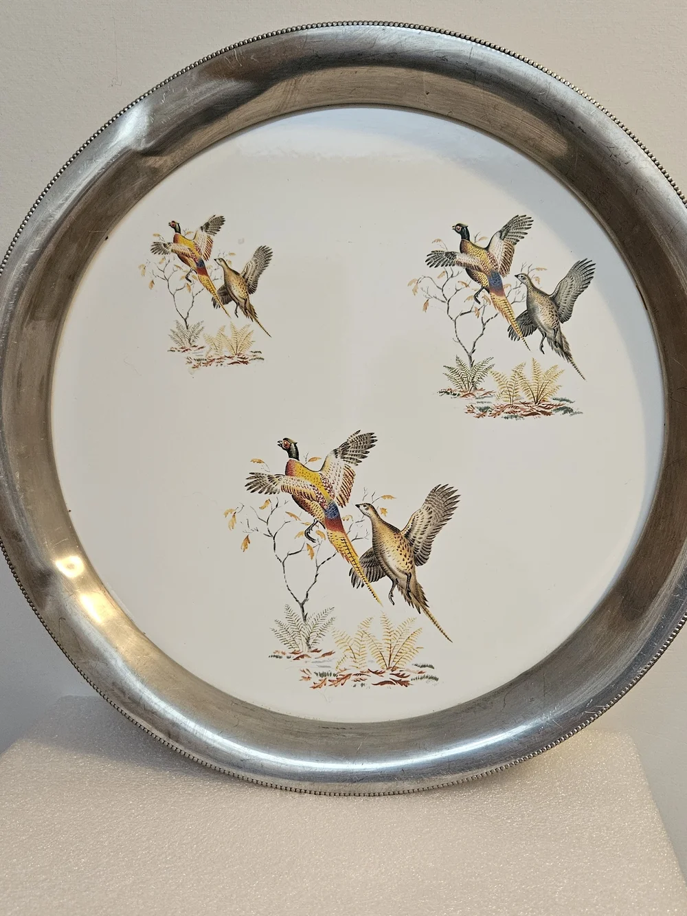 Vintage Revere Pewter & Porcelain Serving Tray ~ Pheasants ~ 13”
